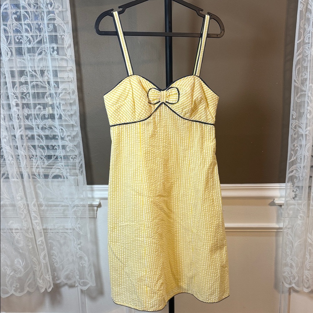 Anthropologie Viola Yellow Seersucker Bow Dress Lemon Stripe Size 6 - Picture 2 of 10